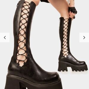 LAMODA MISERY BUSINESS CHUNKY BLACK KNEE HIGH BOOTS, PLATFORM ZIP TRENDY